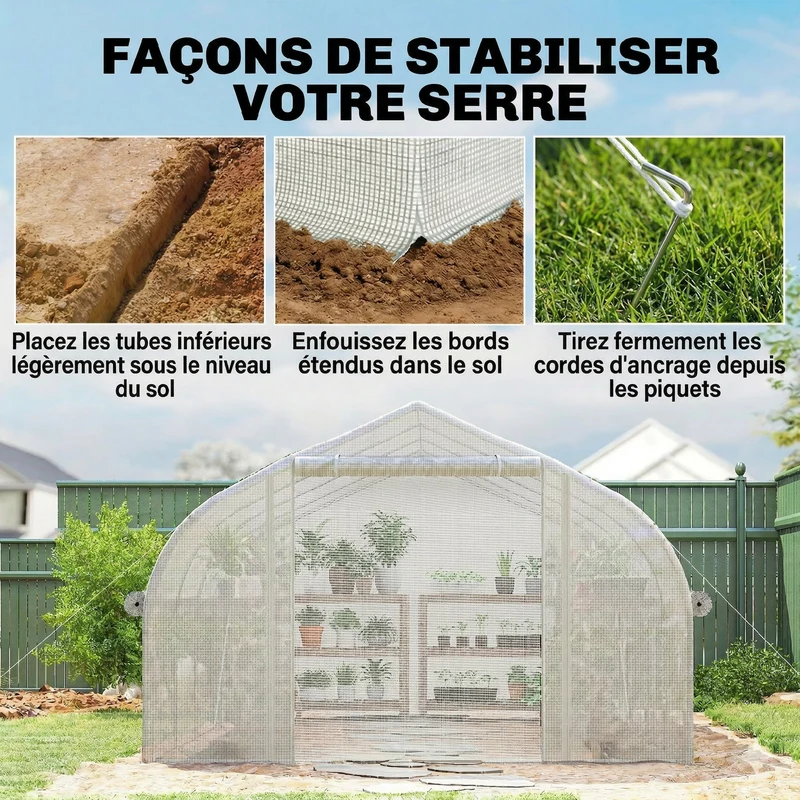 Serre tunnel de jardin 395 x 300 x 200 cm abri contre intempéries ventilation porte et 8 fenêtres épuré en pe blanc 21_0004333
