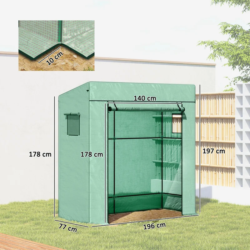 Serre murale adossée protection 196 x 77 x 197/178 cm porte enroulable 2 fenêtres jardin moderne en polyéthylène vert 21_0005430