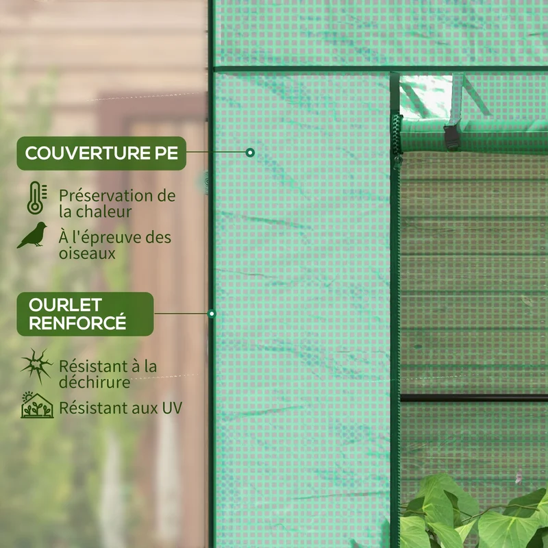 Serre murale adossée protection 196 x 77 x 197/178 cm porte enroulable 2 fenêtres jardin moderne en polyéthylène vert 21_0005430