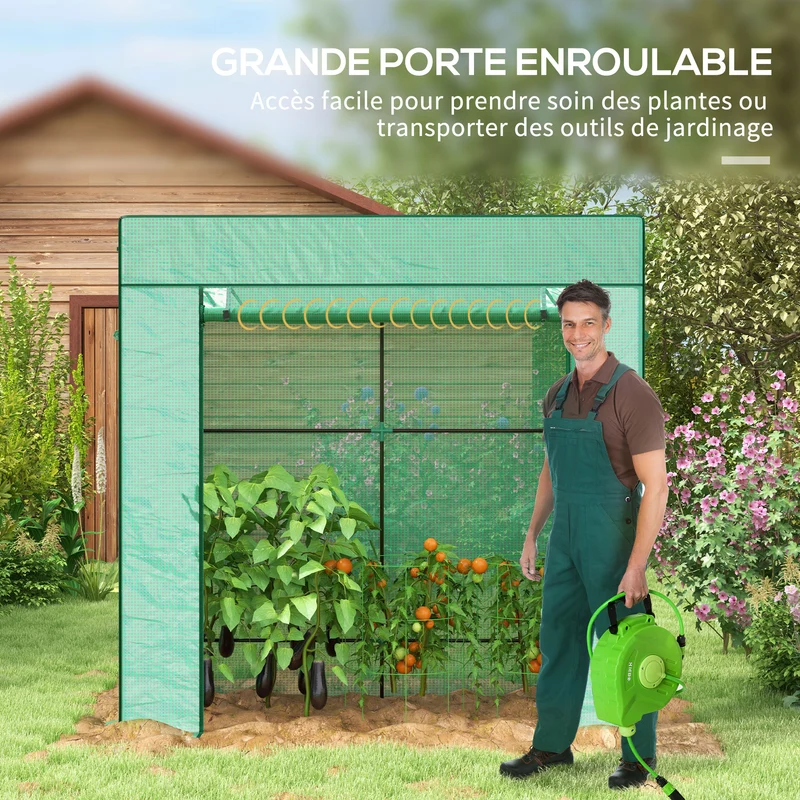 Serre murale adossée protection 196 x 77 x 197/178 cm porte enroulable 2 fenêtres jardin moderne en polyéthylène vert 21_0005430