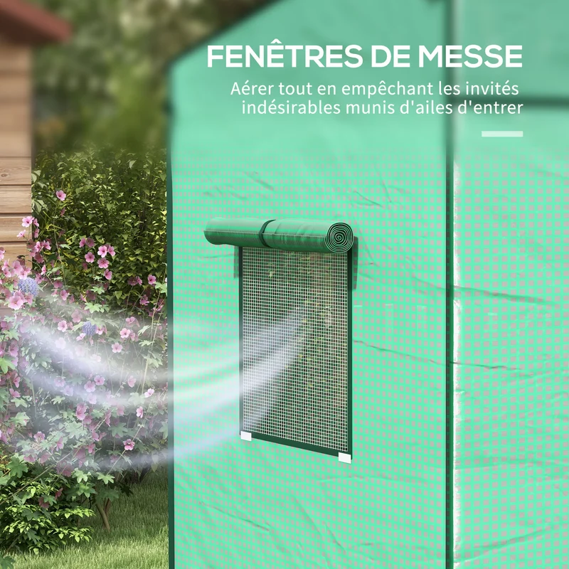 Serre murale adossée protection 196 x 77 x 197/178 cm porte enroulable 2 fenêtres jardin moderne en polyéthylène vert 21_0005430