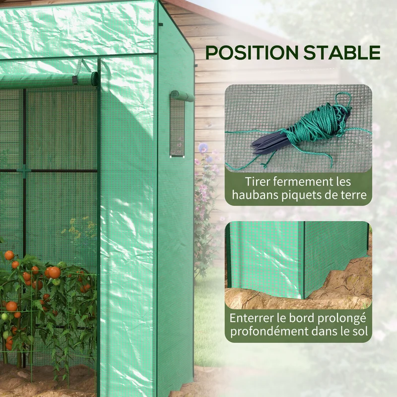 Serre murale adossée protection 196 x 77 x 197/178 cm porte enroulable 2 fenêtres jardin moderne en polyéthylène vert 21_0005430