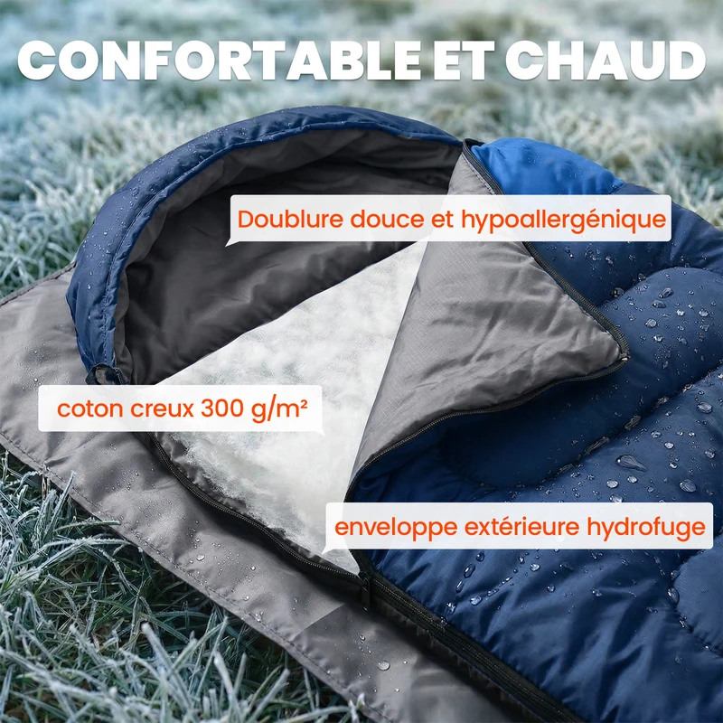 Sac de couchage camping transformable 215 x 75 x 10 cm chaleur respirante spacieux moderne en polyester bleu marine 21_0006572