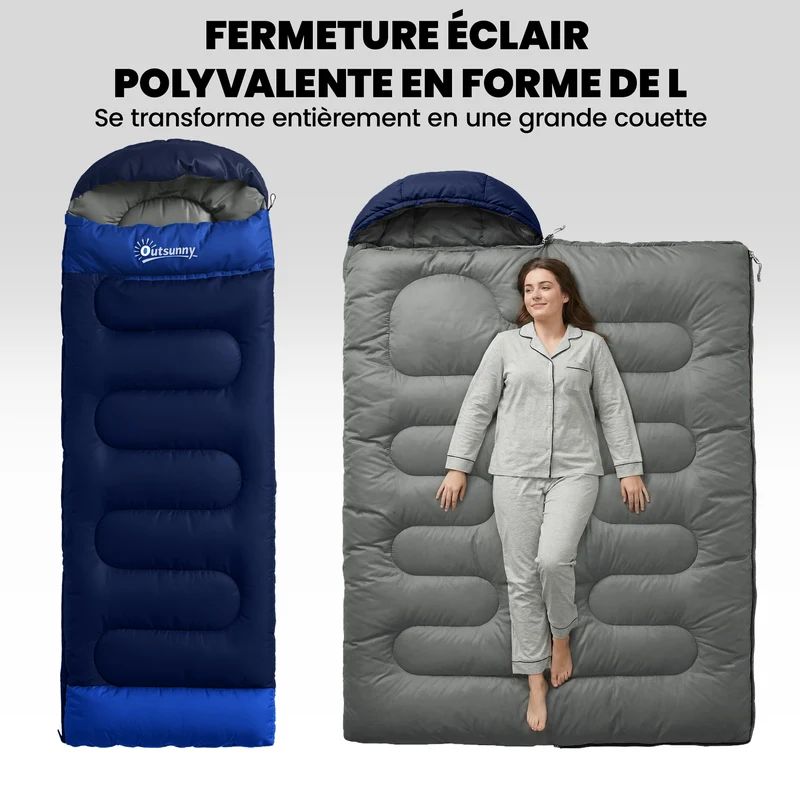 Sac de couchage camping transformable 215 x 75 x 10 cm chaleur respirante spacieux moderne en polyester bleu marine 21_0006572