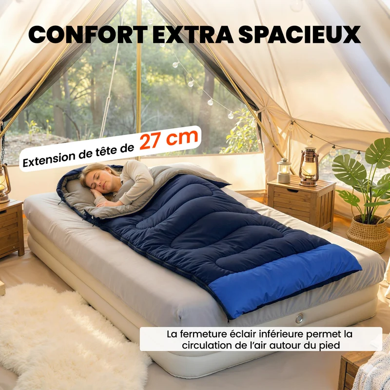 Sac de couchage camping transformable 215 x 75 x 10 cm chaleur respirante spacieux moderne en polyester bleu marine 21_0006572