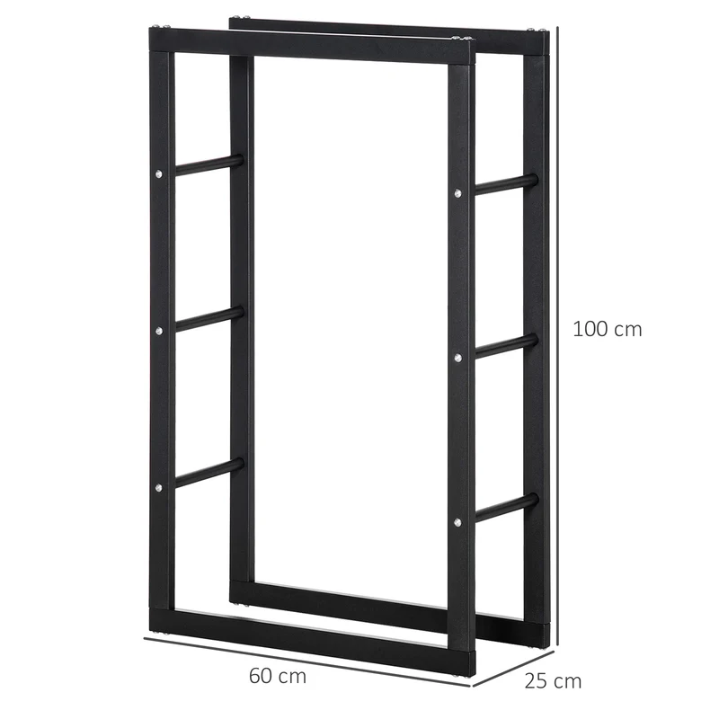 Range bûches étagère porte bois 60 x 25 x 100 cm stable charge max 100 kg contemporain design extérieur en métal noir 21_0001106