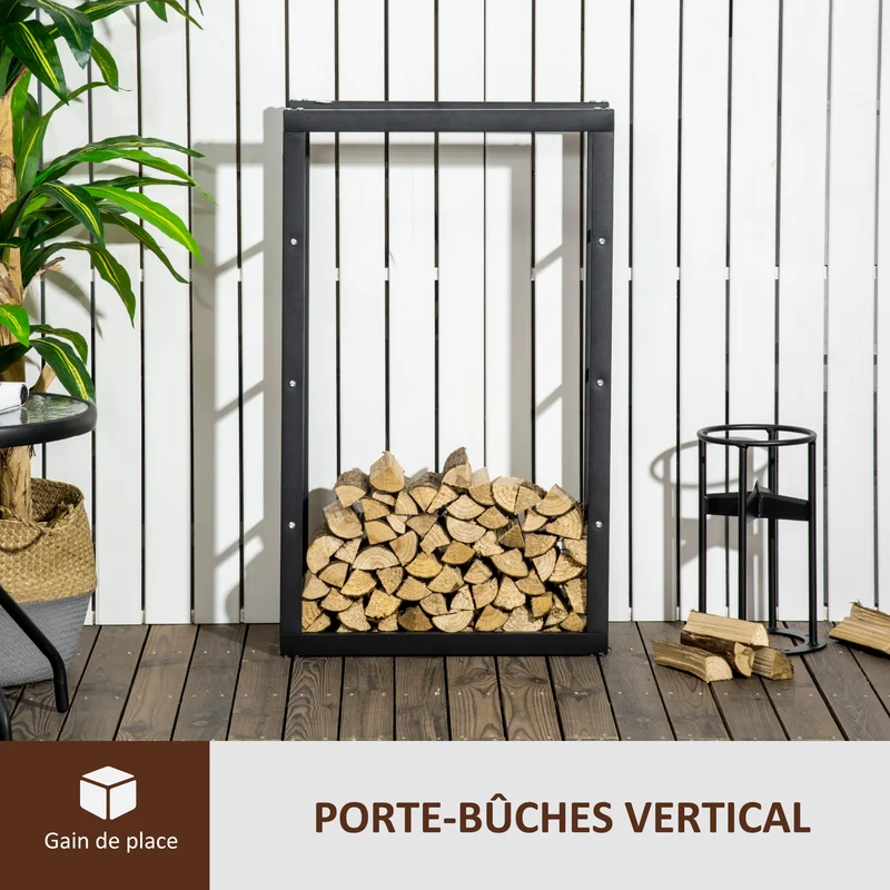 Range bûches étagère porte bois 60 x 25 x 100 cm stable charge max 100 kg contemporain design extérieur en métal noir 21_0001106