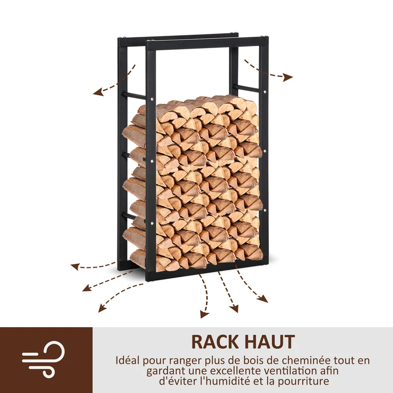 Range bûches étagère porte bois 60 x 25 x 100 cm stable charge max 100 kg contemporain design extérieur en métal noir 21_0001106