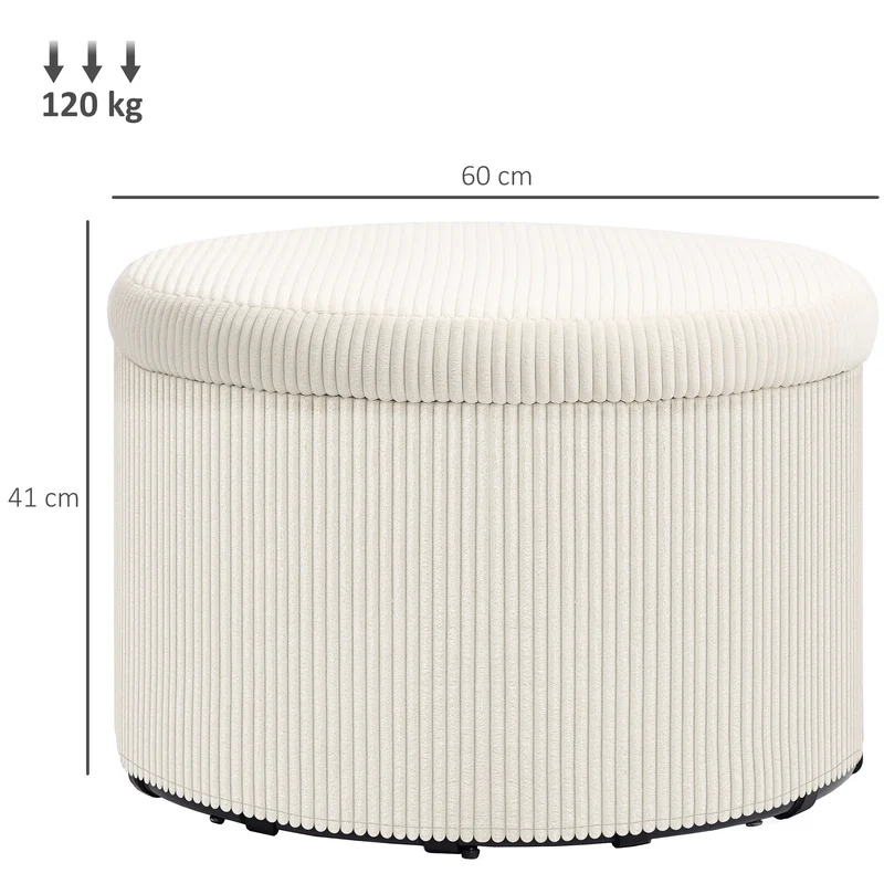 Pouf coffre rond siège d'appoint 60 x 41 cm rangement 97 l assise mousse contemporain design cosy en velours côtelé beige 21_0002968