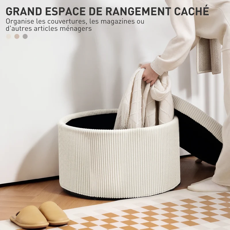 Pouf coffre rond siège d'appoint 60 x 41 cm rangement 97 l assise mousse contemporain design cosy en velours côtelé beige 21_0002968
