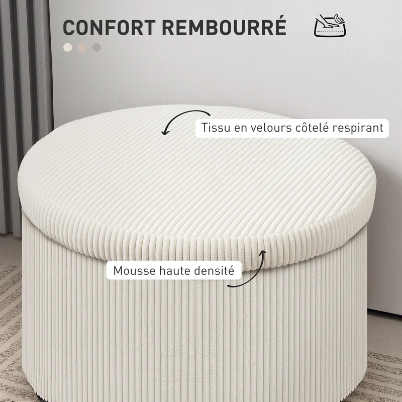 Pouf coffre rond siège d'appoint 60 x 41 cm rangement 97 l assise mousse contemporain design cosy en velours côtelé beige 21_0002968