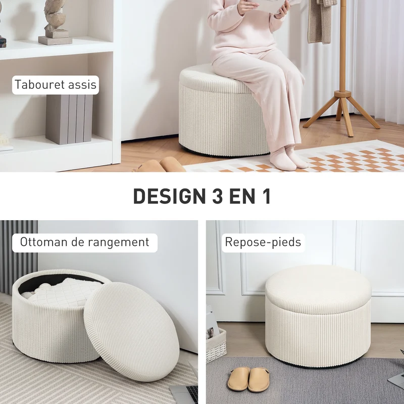 Pouf coffre rond siège d'appoint 60 x 41 cm rangement 97 l assise mousse contemporain design cosy en velours côtelé beige 21_0002968