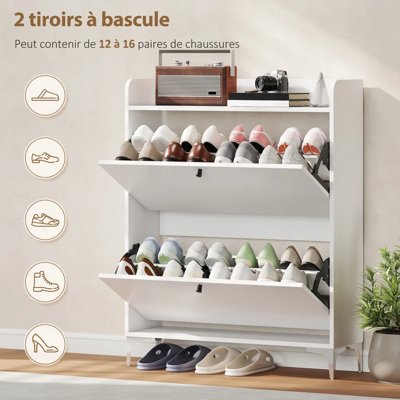 Meuble à chaussures étroit 80 x 24 x 101 cm 16 paires 2 tiroirs étagères réglables épuré en panneau de particules blanc 21_0002787