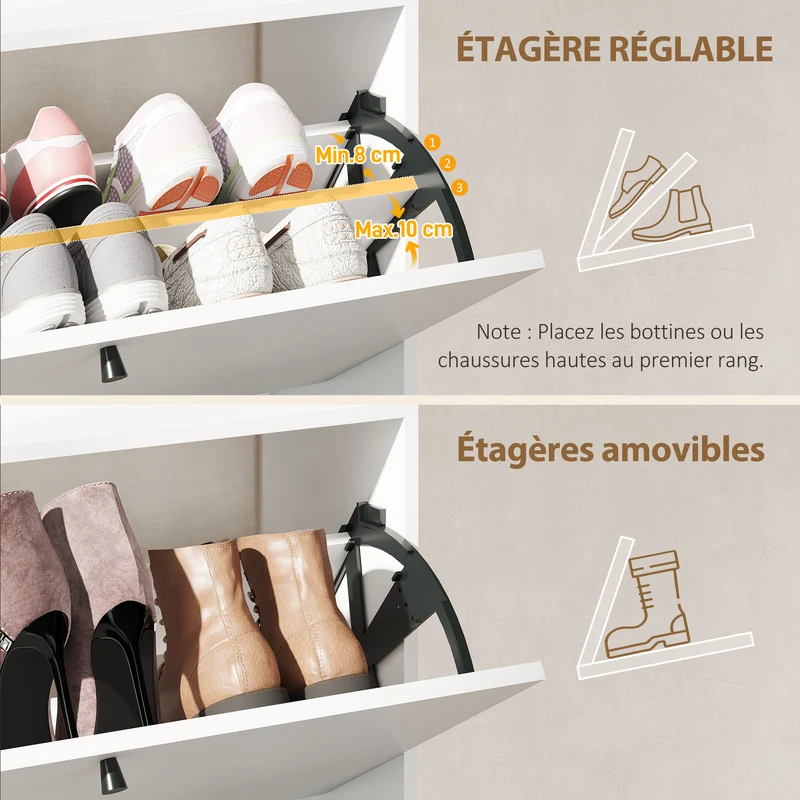 Meuble à chaussures étroit 80 x 24 x 101 cm 16 paires 2 tiroirs étagères réglables épuré en panneau de particules blanc 21_0002787
