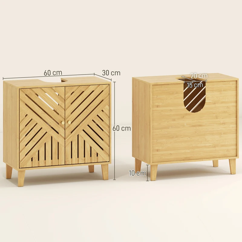Meuble sous lavabo évier mural 60 x 30 x 60 cm étagère réglable pieds surélevés scandinave moderne en bambou naturel 21_0002108