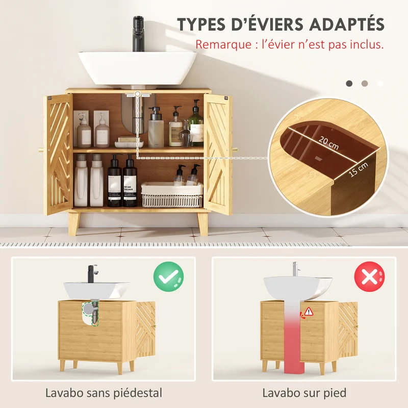 Meuble sous lavabo évier mural 60 x 30 x 60 cm étagère réglable pieds surélevés scandinave moderne en bambou naturel 21_0002108