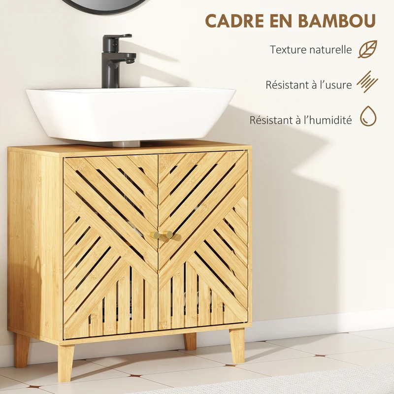 Meuble sous lavabo évier mural 60 x 30 x 60 cm étagère réglable pieds surélevés scandinave moderne en bambou naturel 21_0002108