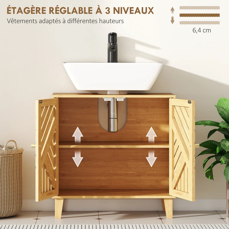 Meuble sous lavabo évier mural 60 x 30 x 60 cm étagère réglable pieds surélevés scandinave moderne en bambou naturel 21_0002108