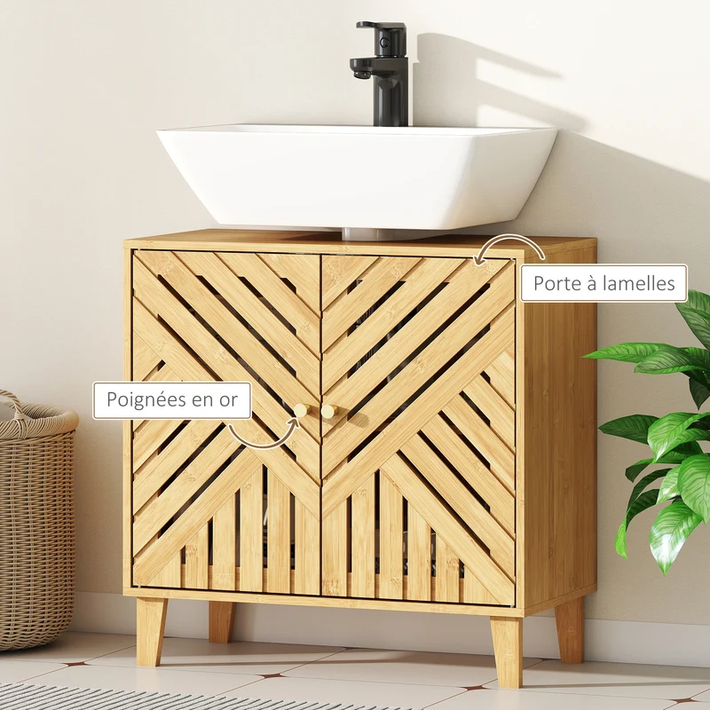 Meuble sous lavabo évier mural 60 x 30 x 60 cm étagère réglable pieds surélevés scandinave moderne en bambou naturel 21_0002108