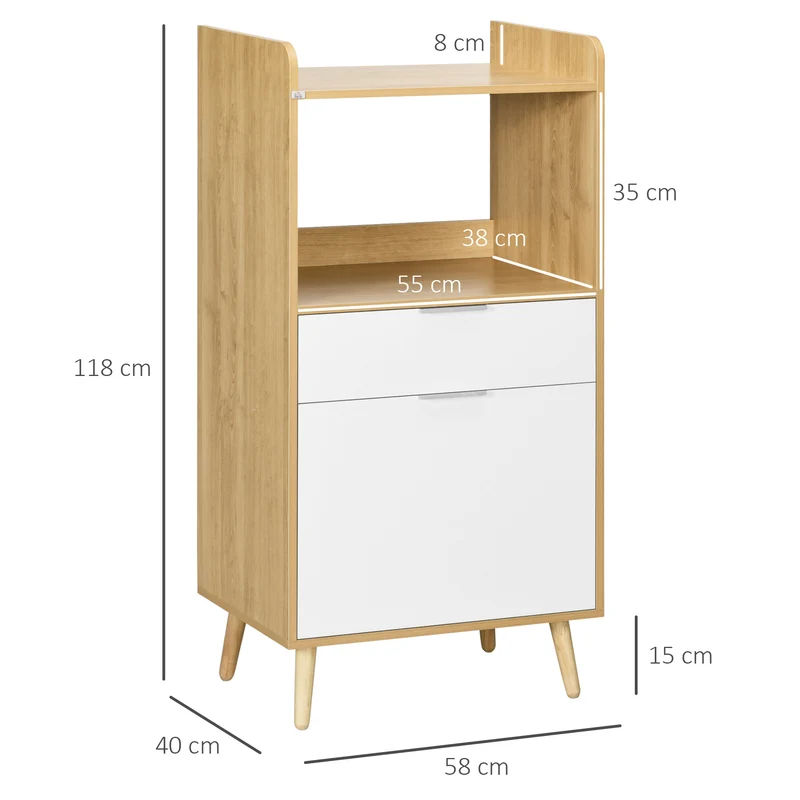 Meuble desserte cuisine micro-ondes 58 x 40 x 118 cm gain de place tiroir scandinave en panneau de particules naturel 21_0002361