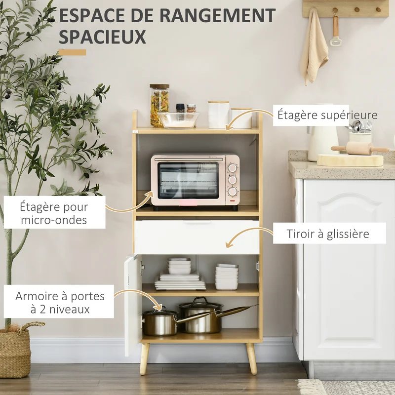 Meuble desserte cuisine micro-ondes 58 x 40 x 118 cm gain de place tiroir scandinave en panneau de particules naturel 21_0002361
