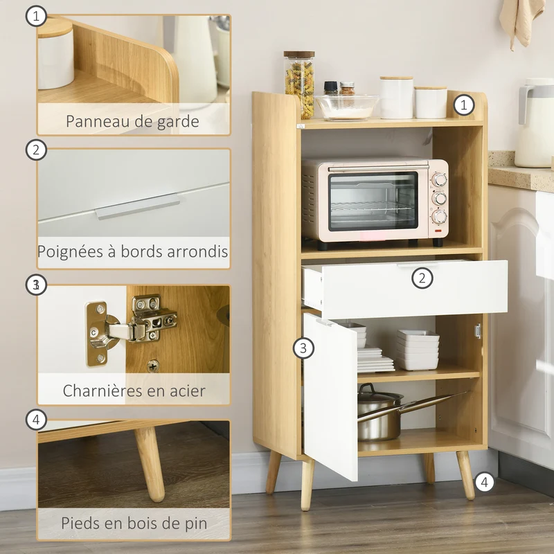 Meuble desserte cuisine micro-ondes 58 x 40 x 118 cm gain de place tiroir scandinave en panneau de particules naturel 21_0002361