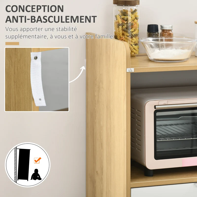 Meuble desserte cuisine micro-ondes 58 x 40 x 118 cm gain de place tiroir scandinave en panneau de particules naturel 21_0002361