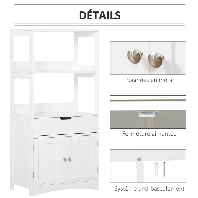 Meuble de rangement salle de bain multi rangements 60 x 33 x 122,5 cm gain place tiroir étagères moderne en MDF blanc 21_0001890
