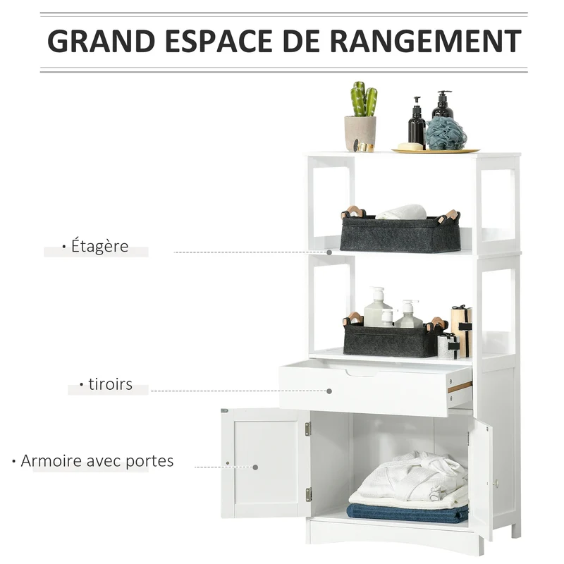 Meuble de rangement salle de bain multi rangements 60 x 33 x 122,5 cm gain place tiroir étagères moderne en MDF blanc 21_0001890