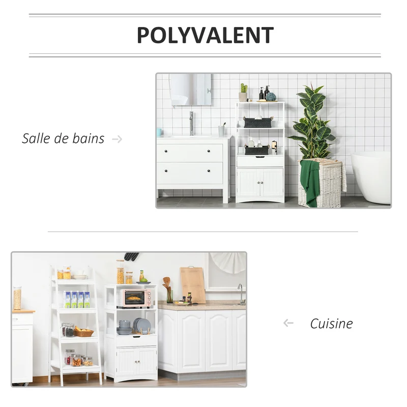 Meuble de rangement salle de bain multi rangements 60 x 33 x 122,5 cm gain place tiroir étagères moderne en MDF blanc 21_0001890