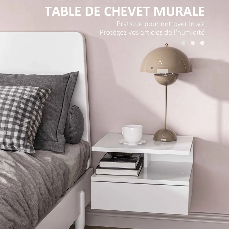 Lot de 2 tables de chevet murales 35 x 32 x 22,5 cm gain de place tiroir niche design en panneau de particules blanc 21_0001455