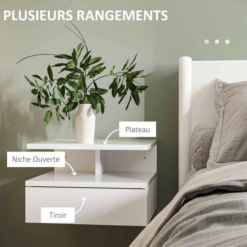 Lot de 2 tables de chevet murales 35 x 32 x 22,5 cm gain de place tiroir niche design en panneau de particules blanc 21_0001455