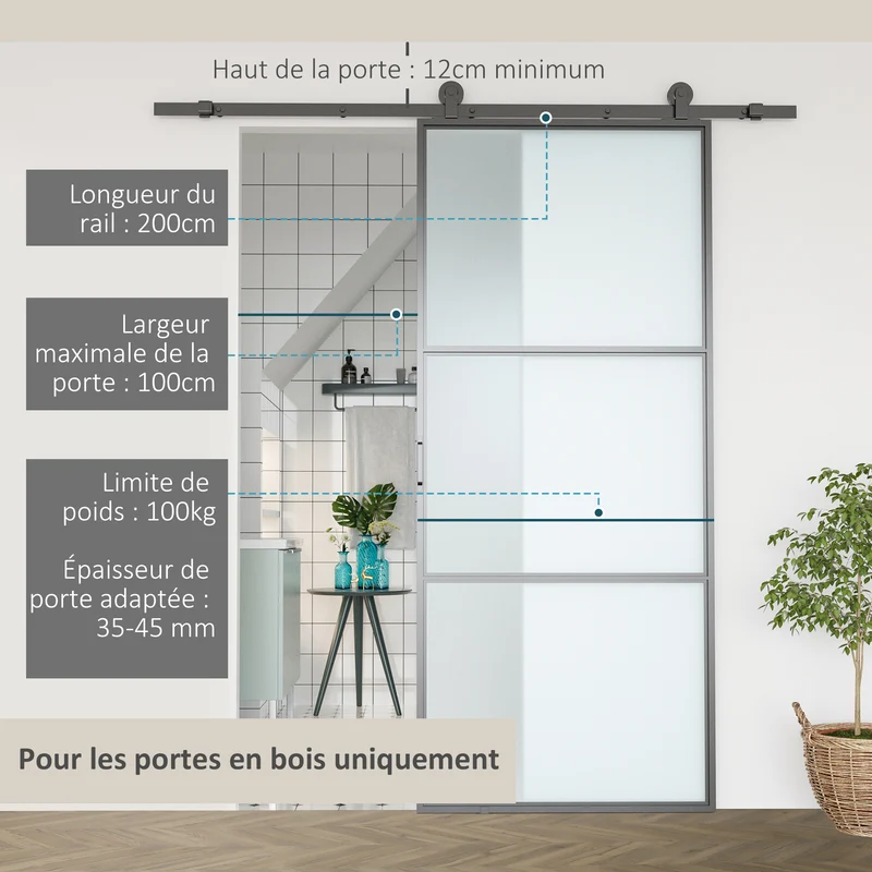Kit quincaillerie pour porte coulissante 200 x 40 x 0,6 cm gain de place silencieux moderne en acier au carbone noir 21_0007144