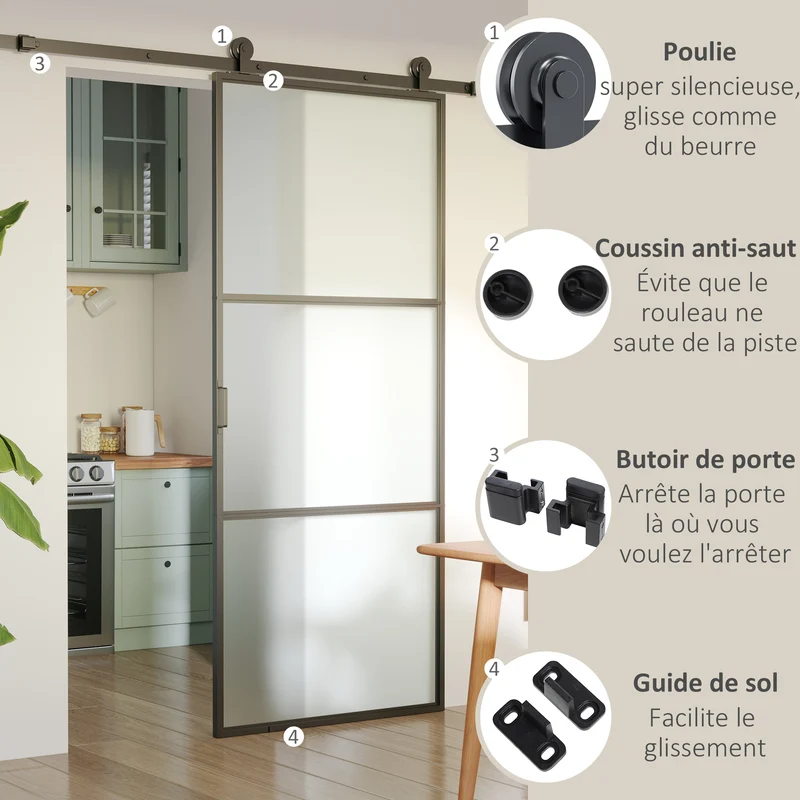 Kit quincaillerie pour porte coulissante 200 x 40 x 0,6 cm gain de place silencieux moderne en acier au carbone noir 21_0007144