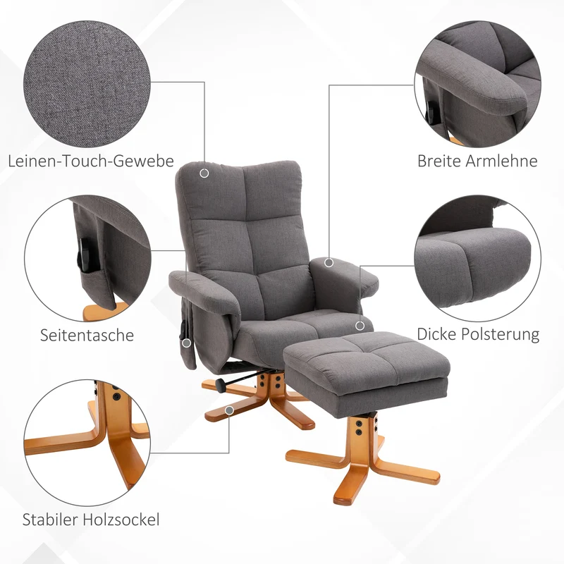 Fauteuil de télévision massage 10 points rangement intégré incliné 80 x 86 x 99 cm contemporain en polyester gris foncé 21_0000818