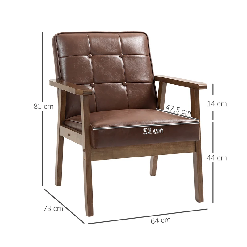 Fauteuil de salon capitonné 64 x 73 x 81 cm assise rembourrée patins protecteurs contemporain en polyuréthane marron 21_0003470