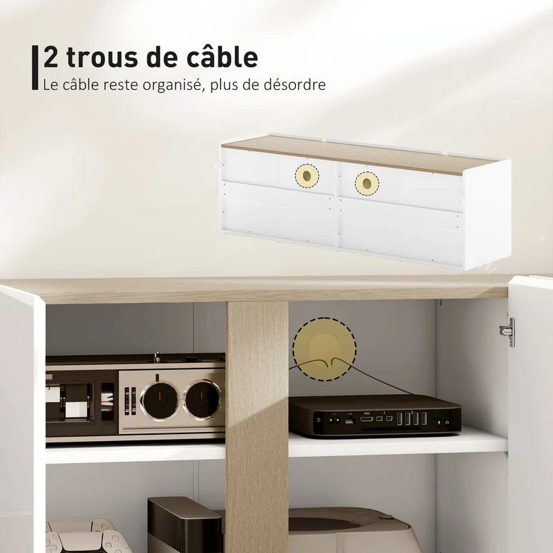 Meuble tv salon 135 x 38 x 45 cm 2 portes à fermeture douce passe câbles design moderne en panneau de particules blanc 21_0003530