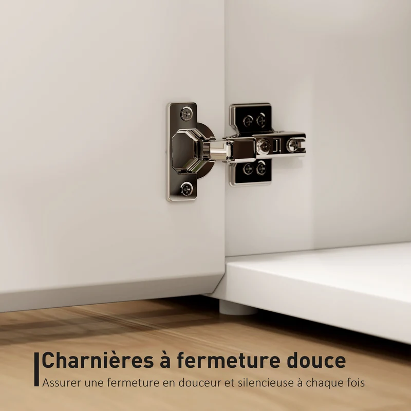 Meuble tv salon 135 x 38 x 45 cm 2 portes à fermeture douce passe câbles design moderne en panneau de particules blanc 21_0003530