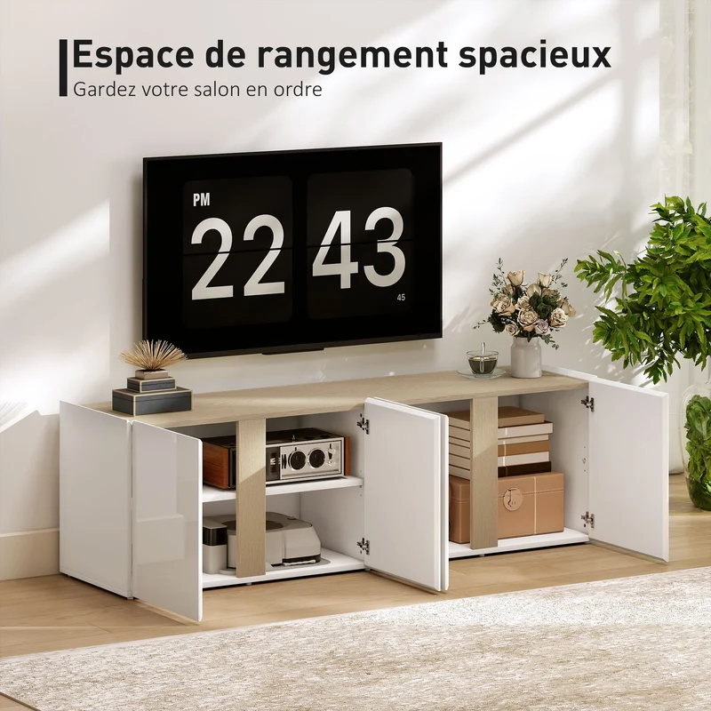 Meuble tv salon 135 x 38 x 45 cm 2 portes à fermeture douce passe câbles design moderne en panneau de particules blanc 21_0003530