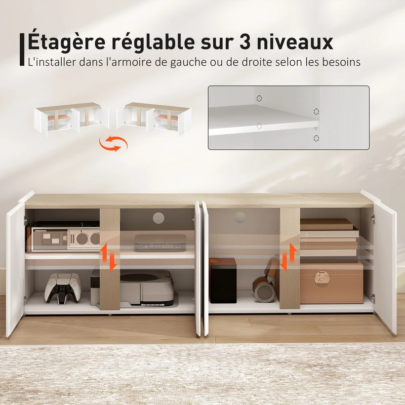 Meuble tv salon 135 x 38 x 45 cm 2 portes à fermeture douce passe câbles design moderne en panneau de particules blanc 21_0003530