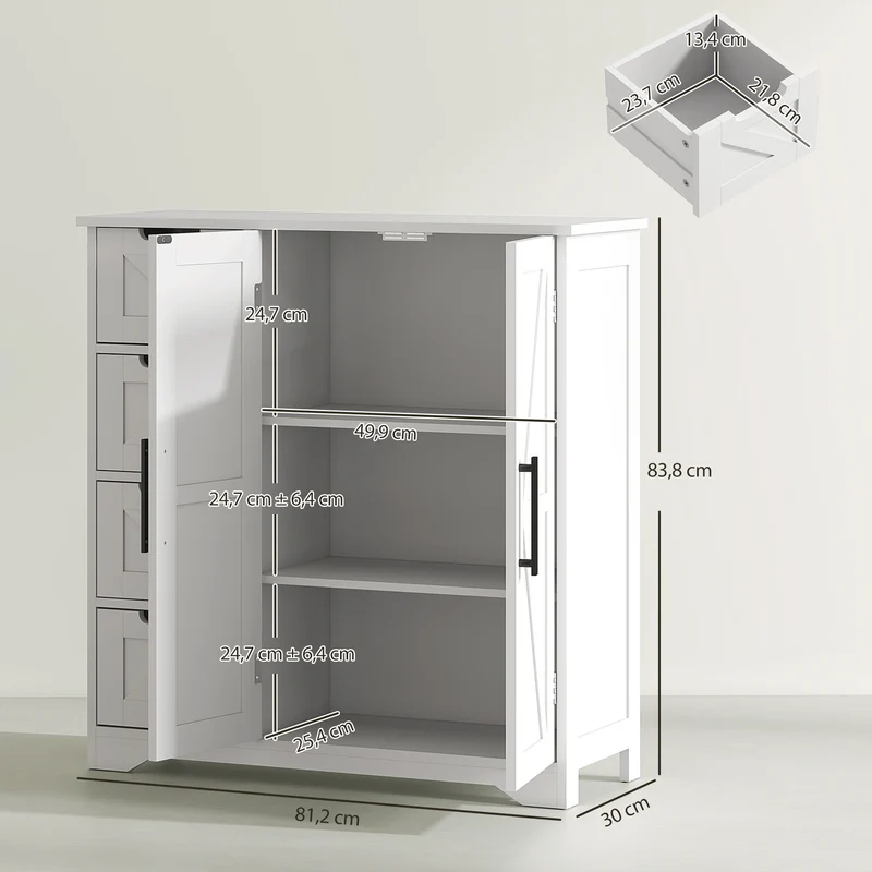 Meuble de salle de bain rangement 81,2 x 30 x 83,8 cm gain de place 4 tiroirs 1 placard style rustique en MDF blanc 21_0002059