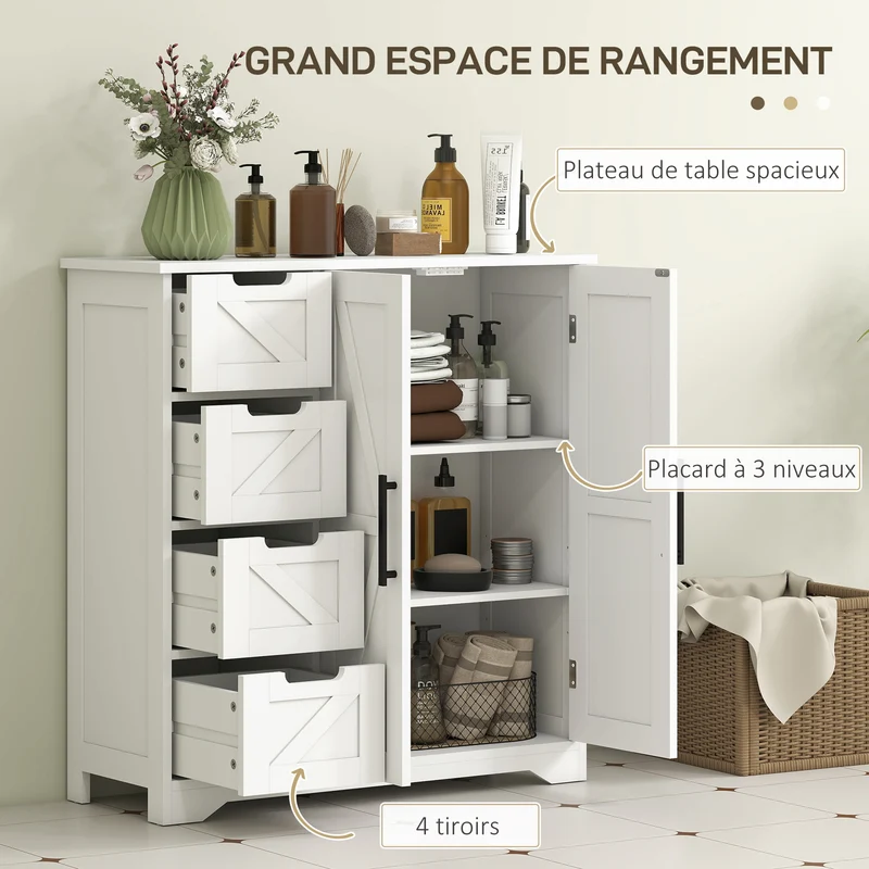 Meuble de salle de bain rangement 81,2 x 30 x 83,8 cm gain de place 4 tiroirs 1 placard style rustique en MDF blanc 21_0002059