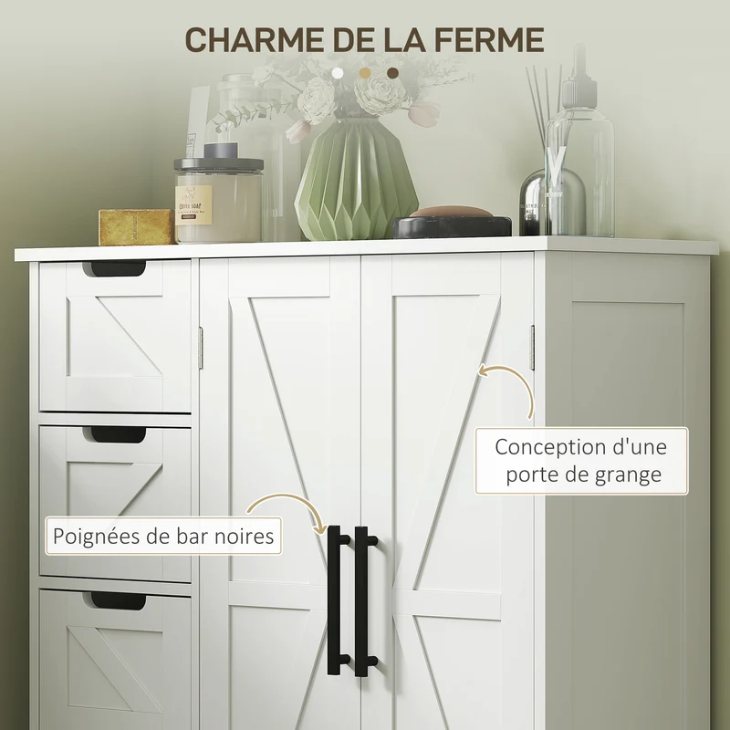 Meuble de salle de bain rangement 81,2 x 30 x 83,8 cm gain de place 4 tiroirs 1 placard style rustique en MDF blanc 21_0002059