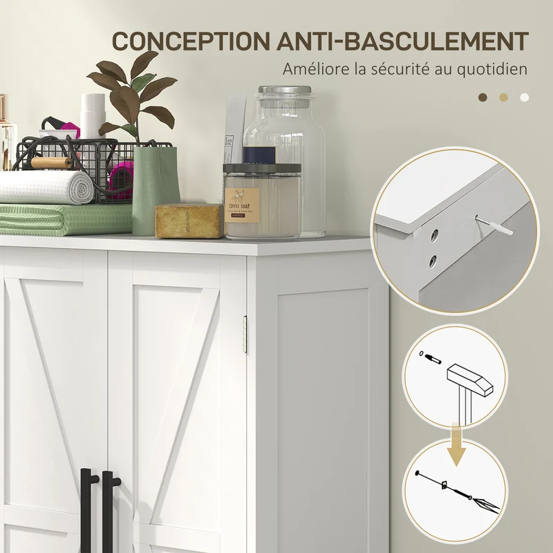Meuble de salle de bain rangement 81,2 x 30 x 83,8 cm gain de place 4 tiroirs 1 placard style rustique en MDF blanc 21_0002059