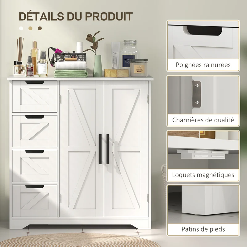 Meuble de salle de bain rangement 81,2 x 30 x 83,8 cm gain de place 4 tiroirs 1 placard style rustique en MDF blanc 21_0002059