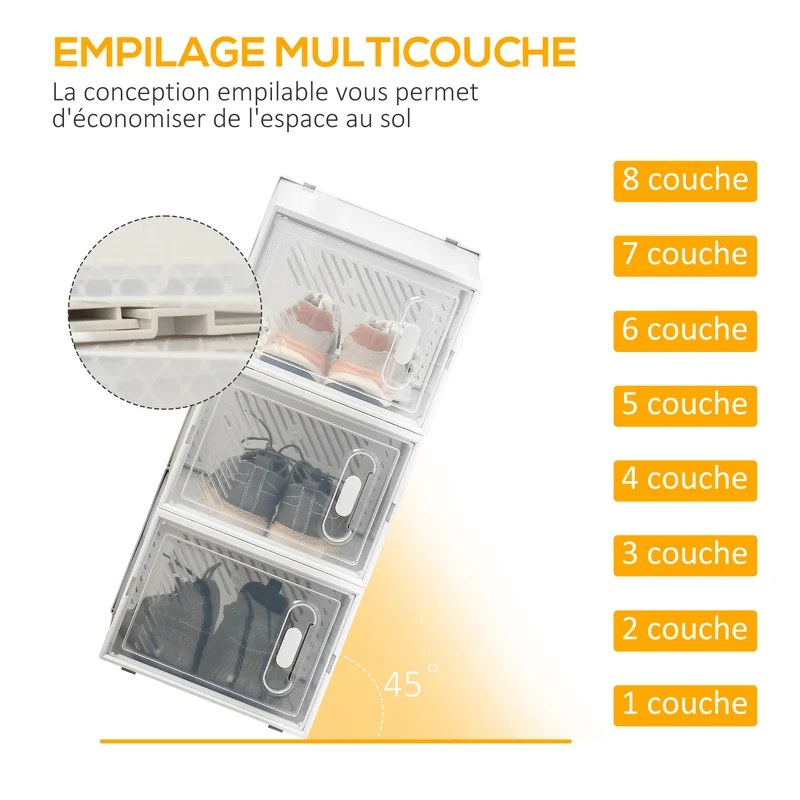 Lot de 8 modules de rangement modulaire entrée empilable 28 x 36 x 21 cm sans outil anti poussière épuré en PP blanc 21_0005802