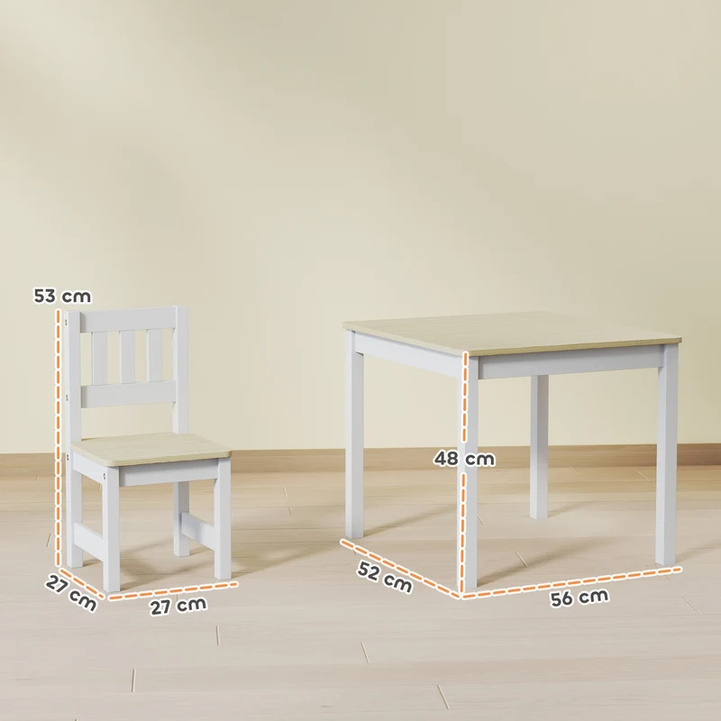 Lot de 3 table enfant avec 2 chaises 56 x 52 x 48 cm ergonomique sécurisé pour 3 à 8 ans scandinave en bois naturel 21_0000231
