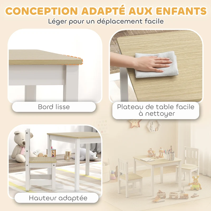 Lot de 3 table enfant avec 2 chaises 56 x 52 x 48 cm ergonomique sécurisé pour 3 à 8 ans scandinave en bois naturel 21_0000231