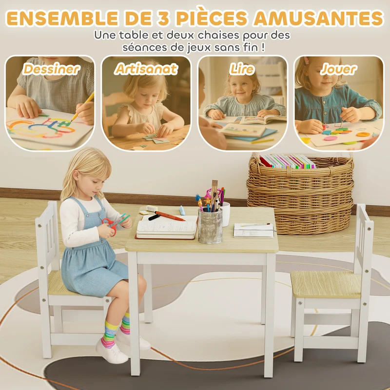 Lot de 3 table enfant avec 2 chaises 56 x 52 x 48 cm ergonomique sécurisé pour 3 à 8 ans scandinave en bois naturel 21_0000231