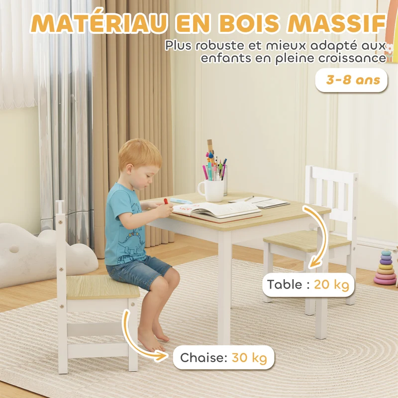 Lot de 3 table enfant avec 2 chaises 56 x 52 x 48 cm ergonomique sécurisé pour 3 à 8 ans scandinave en bois naturel 21_0000231